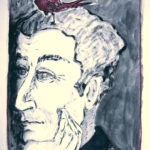 "Hombre con pájaro en la cabeza", óleo y pastel sobre papel, 42x30 cm, (2012)